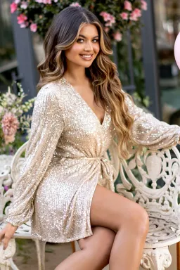 Club London In Awe Silver Sequin Wrap Long Sleeve Belted Mini Dress Size 8 for rent on The Volte - image 4