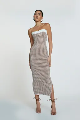 By Johnny Isabella Check Knit Strapless Dress Brown Size 6 for rent on The Volte - image 1