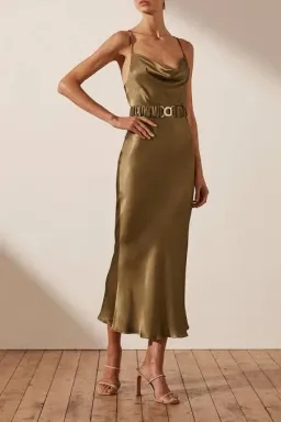 Shona Joy Gala Bias Midi Dress with Belt Warm Olive Green Size 8 for rent on The Volte - image 4