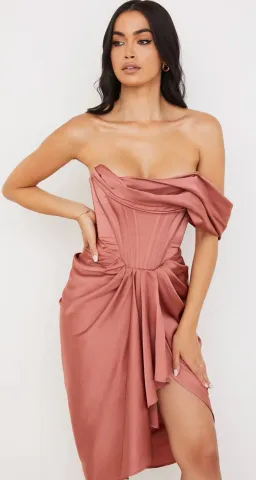 House of CB Janis Rouge Satin One-Shoulder Draped Midi Dress Pink Size 8 for rent on The Volte - image 7