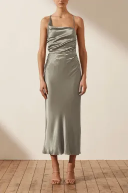 Shona Joy La Lune Asymmetrical Bias Cowl Midi Dress Sage Green Size 6 for rent on The Volte - image 1