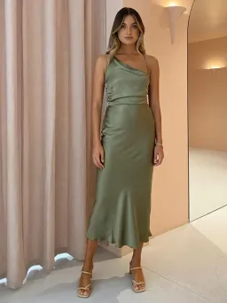 Shona Joy La Lune Asymmetrical Bias Cowl Midi Dress Sage Green Size 6 for rent on The Volte - image 4