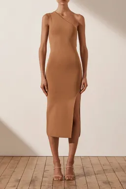 Shona Joy Basic One Shoulder Midi Dress in Tan Nude Size S for rent on The Volte - image 1