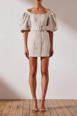 Shona Joy Hamilton Off Shoulder Fitted Mini Dress Beige Size 12 for rent on The Volte - image 1