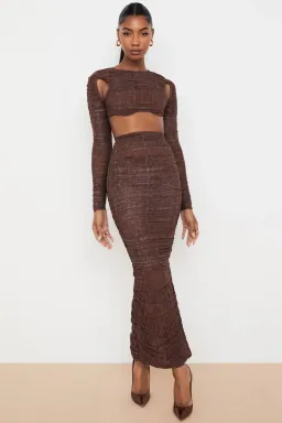 House of CB Blythe Chocolate Print Ruched Mesh Cut Out Cropped Top & Laverne Chocolate Print Ruched Maxi Skirt Brown Size 6 for rent on The Volte - image 1