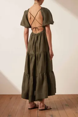 Shona Joy Bruna Linen Short Sleeve Backless Midi Dress Green Size 12 for rent on The Volte - image 2