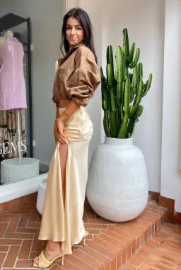 Michael Lo Sordo Crystalline Bias Silk Skirt Cream Size 6 for rent on The Volte - image 4