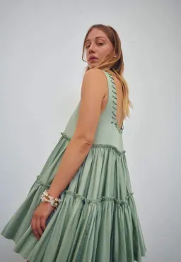 Aje Hushed Cotton Square Neck Mini Dress in Bamboo Green Size 14  for rent on The Volte - image 4