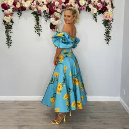 Leo and Lin Bleu Marguerite Puff Top & Maxi Skirt Set Print Size 10 for rent on The Volte - image 4