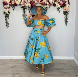 Leo and Lin Bleu Marguerite Puff Top & Maxi Skirt Set Print Size 10 for rent on The Volte - image 7