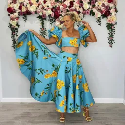 Leo and Lin Bleu Marguerite Puff Top & Maxi Skirt Set Print Size 10 for rent on The Volte - image 2