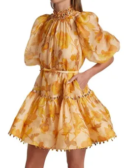 Zimmermann Tempo Trim Rouleau Mini Dress Gold Peonies Size 3 for rent on The Volte - image 2
