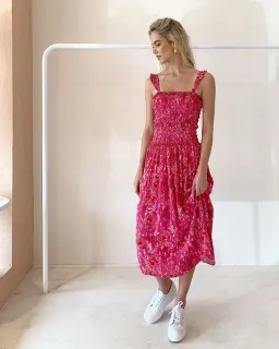 Steele Bahati Shirred Midi Dress Pink Print Size S for rent on The Volte - image 1