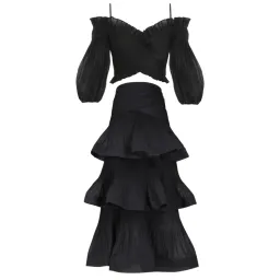 Zimmermann Pleated off The Shoulder Top and Midi Skirt Set Black suitable fit Size 10 for rent on The Volte - image 2
