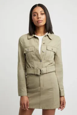 Kookai Dublin Belted D-Ring Jacket in Moss Gray Green Size 10 for rent on The Volte - image 1