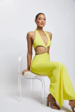 Meshki The Nicha Diamante Cut Out Midi Dress Yellow Size 6 for rent on The Volte - image 1