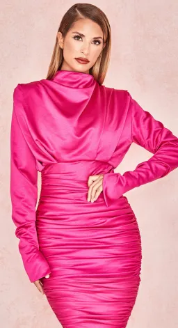 House of CB Giorgiana Satin Draped Mini Dress Hot Pink Size 6 for rent on The Volte - image 2
