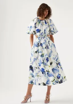 Aje Capucine Puff Sleeve Midi Dress Blue Floral Size 10 for rent on The Volte - image 1