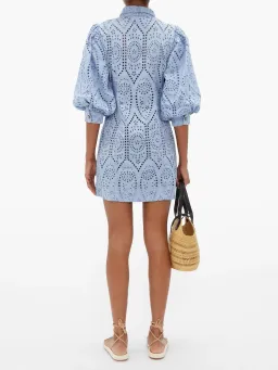 Ganni Balloon-Sleeve Broderie Anglaise Mini Shirt Dress Blue Size 8 for rent on The Volte - image 3