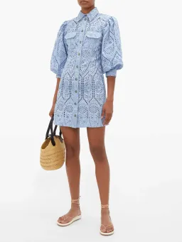 Ganni Balloon-Sleeve Broderie Anglaise Mini Shirt Dress Blue Size 8 for rent on The Volte - image 2