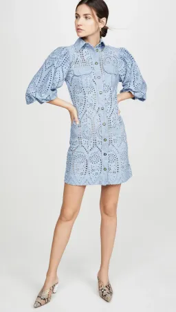 Ganni Balloon-Sleeve Broderie Anglaise Mini Shirt Dress Blue Size 8 for rent on The Volte - image 1