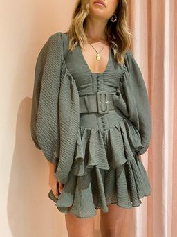 Shona Joy Charlotte Plunged Draped Mini Dress - Khaki sz 12 for rent on The Volte - image 3