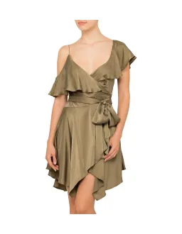 Zimmermann Sueded Asymmetrical Wrap Mini Dress Khaki Size 8 for rent on The Volte - image 1