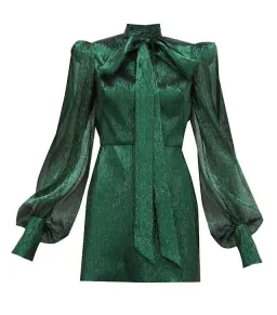 The Vampire's Wife The Pussybow Plissé Silk-Blend Lamé Mini Dress Dark Green Lame Size 10  for rent on The Volte - image 5