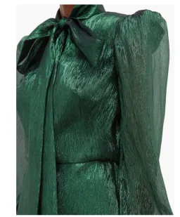 The Vampire's Wife The Pussybow Plissé Silk-Blend Lamé Mini Dress Dark Green Lame Size 10  for rent on The Volte - image 2