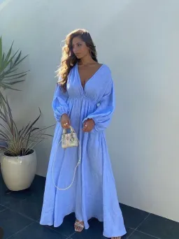 Scanlan Theodore Italian Linen V Neck Dress Blue Size 6 for rent on The Volte - image 2