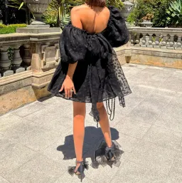 Aje La Piscine Puff Sleeve Bow Back Mini Dress Black Size 8  for rent on The Volte - image 4