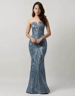 Bariano Maia Strapless Pattern Sequin Gown In Antique Blue Size 10 for rent on The Volte - image 3
