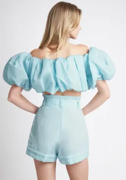 Aje Riviera Off Shoulder Tube Silk Top Size 6 and Braided Silk Short Size 10 Set Ice Blue for rent on The Volte - image 3