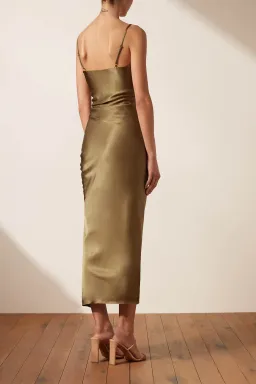 Shona Joy Thalia Bias Ruched Midi Dress Cumin Green Size 10 for rent on The Volte - image 3