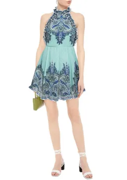 Zimmermann Moncur Ruffle Neck Mini Dress Aqua Paisley Size 0 / AU 8 for rent on The Volte - image 1