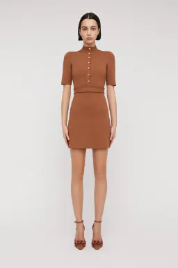 Scanlan Theodore Crepe Knit Mini Button Dress Hazel Brown Size 6 for rent on The Volte - image 1