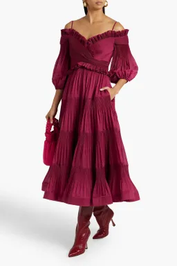 Zimmerman Pleated Off Shoulder Midi Dress in Berry Red Size 0 / AU 8 for rent on The Volte - image 1