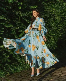 Leo Lin Marguerite Bleu Silk Linen Dress Marguerite Bleu Floral Size 10 for rent on The Volte - image 1