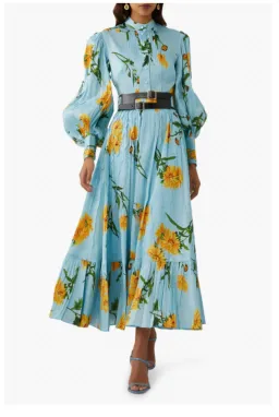 Leo Lin / Marguerite Bleu Silk Linen Dress / Bleu Floral Print / Size 8 for rent on The Volte - image 1