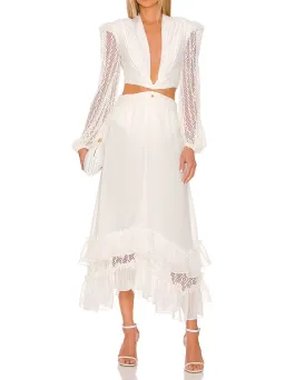 PatBO Plunge Lace Sleeve Maxi Dress White Size M / Au 10 for rent on The Volte - image 1