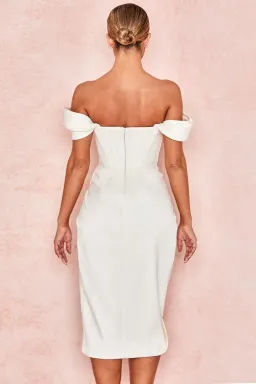 House of CB Loretta Satin Off Shoulder Midi Dress Ivory Size XS / Au 6 for rent on The Volte - image 2