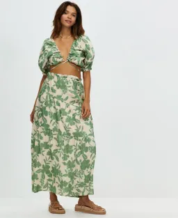 Aere Gathering Detail Linen Top & Maxi Skirt Set Floral Ivy Size 8/10 for rent on The Volte - image 1