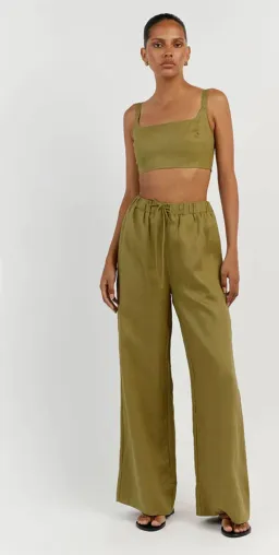 Dissh Penny Linen Crop Top Size 10 and Gina Linen Elastic Waist Pant Size 6 Set Olive for rent on The Volte - image 2