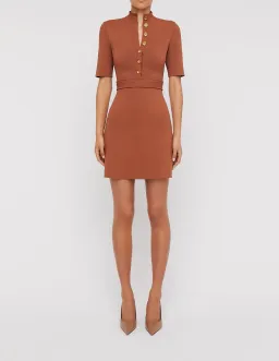 Scanlan Theodore Crepe Knit Mini Button Dress Hazel Brown Size 8 / S for rent on The Volte - image 1