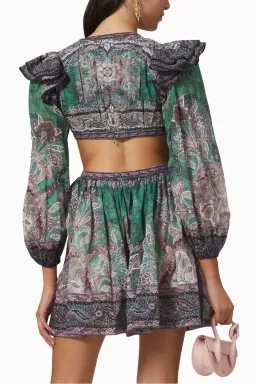 Zimmermann Anneke Ruffle Mini Dress Teal Paisley Size 0/Size 8 for rent on The Volte - image 2