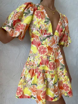 By Nicola Sol Puff Sleeve Mini Dress in Citrus Print Size 6 for rent on The Volte - image 5