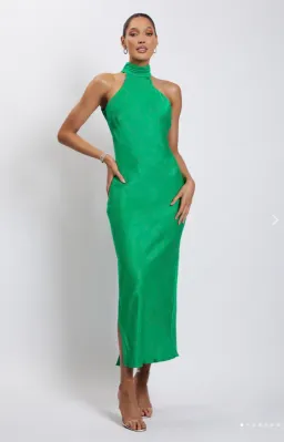 Meshki Claire Satin Drape Back Maxi Dress with Split Green Size 8 for rent on The Volte - image 1