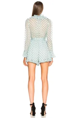 Zimmermann Whitewave Ruffle Playsuit Seafoam/Navy Dot Size 8 for rent on The Volte - image 3