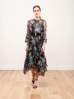 Zimmermann Ninety Six Chevron Frill Midi Dress in Black Blossom Size 8 for rent on The Volte - image 1