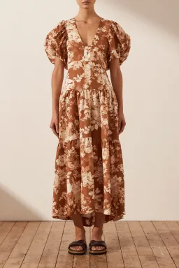 Shona Joy Capucine Linen Plunged Short Sleeve Midi Dress Almond Size 10 / M for rent on The Volte - image 1